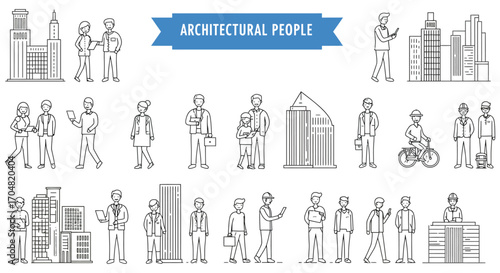 architectural people diverse professionals collaborating on design plans with buildings illustrating teamwork in urban landscape architecture projects.