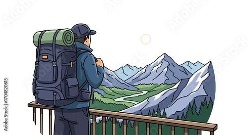 Adventurer with Backpack Gazing at Majestic Mountain Range and Valley, Embracing Nature's Serenity and the Spirit of Exploration on a Scenic Journey