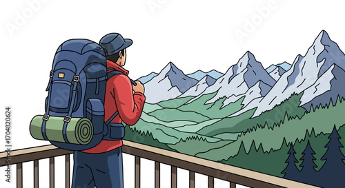 A lone hiker, equipped with a large backpack and sleeping bag, gazes out at a majestic mountain range, enjoying a serene moment of adventure and exploration amidst nature's grandeur and scenic beauty
