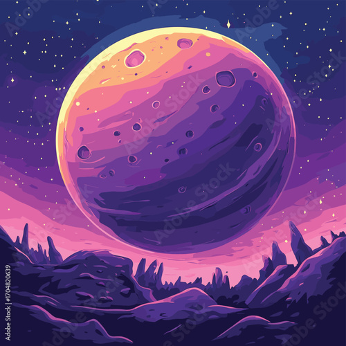 Cartoon space banner with purple planet surface with craters on night galaxy sky , vector style simple color