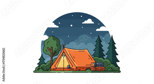 Camping adventure under the starry night sky with a cozy illuminated tent, pine trees, and a sense of tranquility amidst nature's embrace