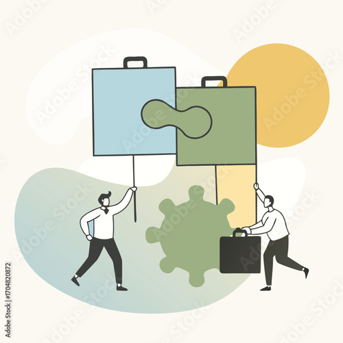 Two team members climbing puzzle blocks holding flag vector concept