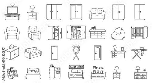 Home furniture line art icons simple furniture illustrations in outline style for interior design projects and moving company visuals.