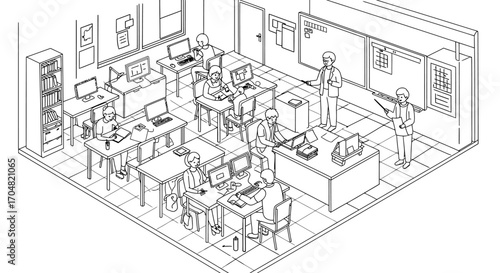 computer lab with students and teacher instructing in a classroom setting for education illustrations and learning concepts school project uses.