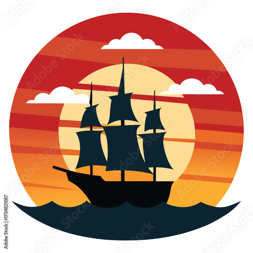 Vintage sailing ship at ocean sunset scene vector illustration