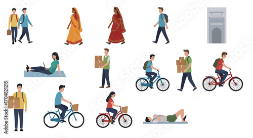 diverse group of people in a city illustration walking biking relaxing outdoors ideal for urban lifestyle  community engagement projects.