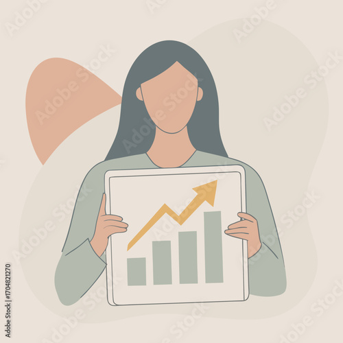 Woman holding tablet displaying charts and data vector illustration