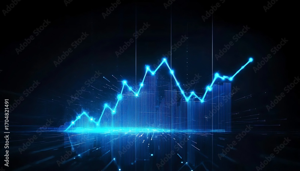 Fototapeta premium Futuristic Blue Neon Line Graph with Data Points on Dark Tech Background Representing Market Trends