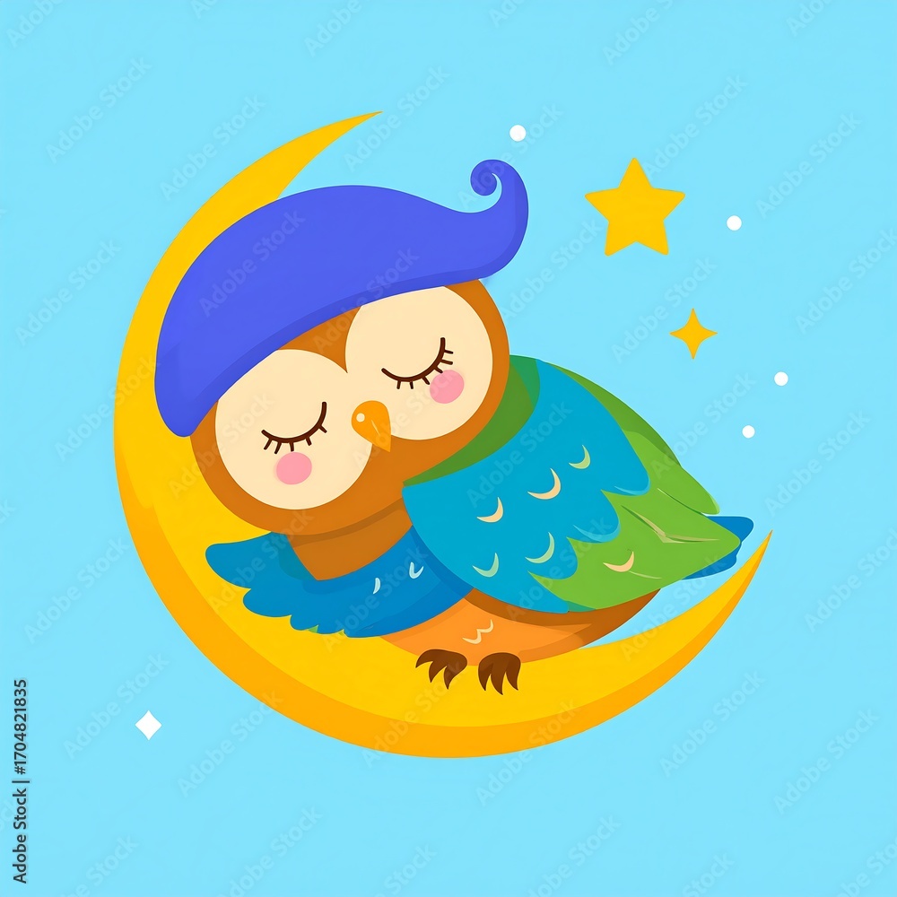 Obraz premium Cute owl sleeping on crescent moon