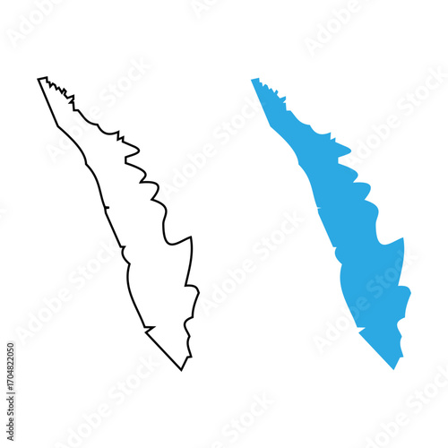 Map of the state of Kerala, India. Map with detailed outlines and blue silhouettes