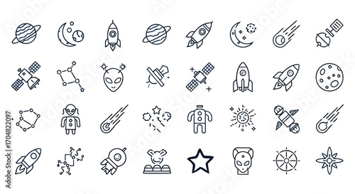 Space exploration icons of planets rockets and aliens representing cosmic adventure perfect for illustrating astronomy science fiction and interstellar themes.