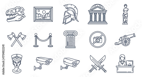 museum line icons outlining artifacts  historical elements security measures showcasing heritage perfect for cultural  tourism content history blogs.