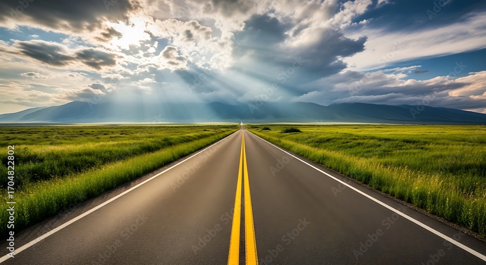 Fototapeta premium Straight Road Through Green Fields Towards Mountains Under a Dramatic Sky with Sunrays