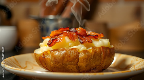 Delicious half-baked potato topped with crispy bacon, emitting steam in a cozy kitchen setting.