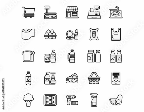 Grocery shopping icons capturing essentials from cart to checkout, cheese to produce.