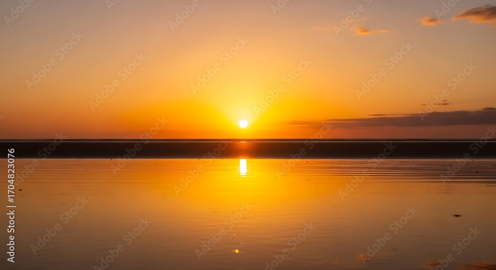 Obraz premium Vibrant Sunset Over Reflective Wet Sand on a Calm Beach with Gentle Ocean Waves