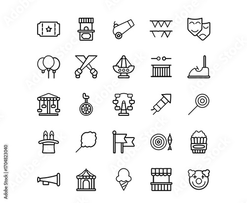 Whimsical collection of fairground and carnival icons for festive designs