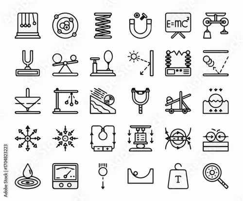 Engaging physics icons illustrate concepts like motion, energy, and forces for educational and scientific use