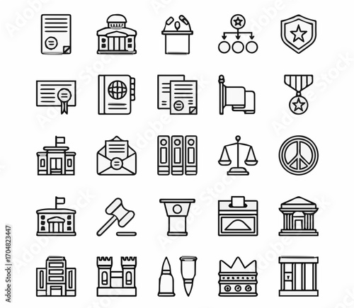 Professional legal and government icons representing justice, authority, and civic services with clean design