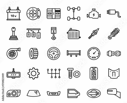 Diverse collection of automotive parts and components presented with clean line art style for easy integration