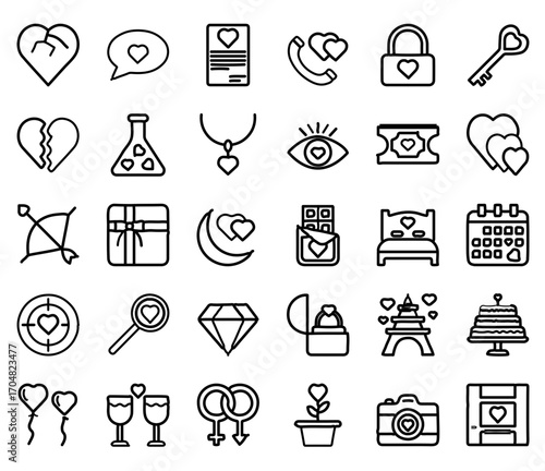 Charming Valentine's Day icons set perfect for romantic designs and celebrations