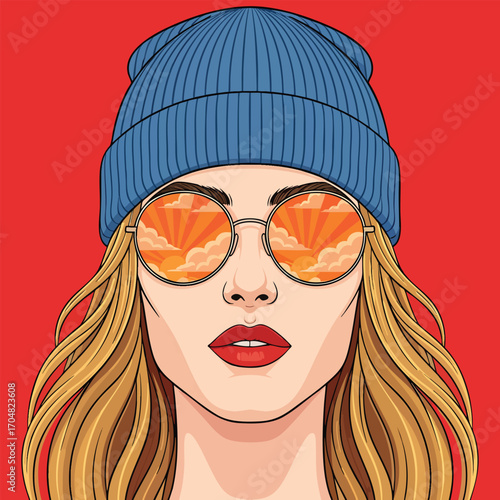 Stylish blonde woman in a blue beanie and round sunglasses with a sunset reflection.