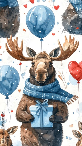 Cute moose with gifts and balloons