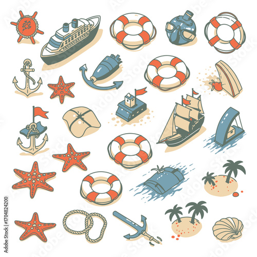 nautical elements icons featuring a cruise ship starfish and anchor perfect for seaside tourism marketing evoking vacation vibes and summer fun.