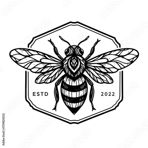 Detailed honey bee illustration on a hexagon established in 2022 ideal for branding packaging and highlighting natural organic ingredients.