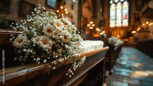 Floral arrangement on church pews