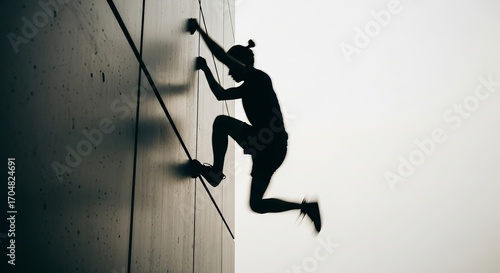 Silhouette of a male climber scaling a vertical wall, showcasing extreme athleticism.