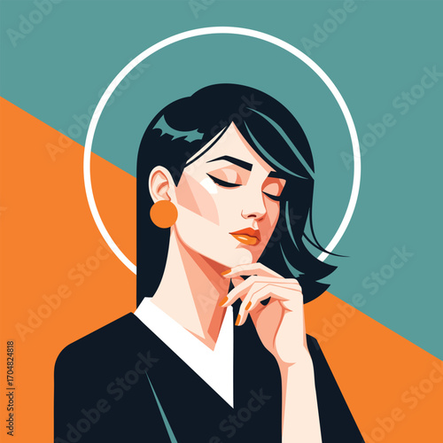 Stylized vector portrait of a serene woman with closed eyes and a halo in a thoughtful pose.