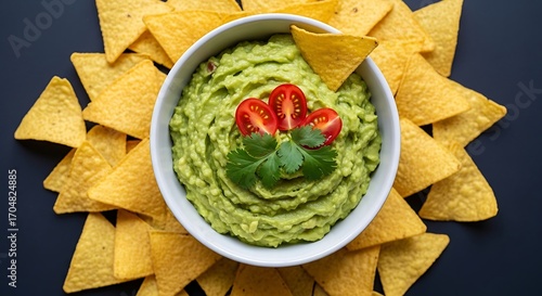 Delicious Guacamole with Tortilla Chips.