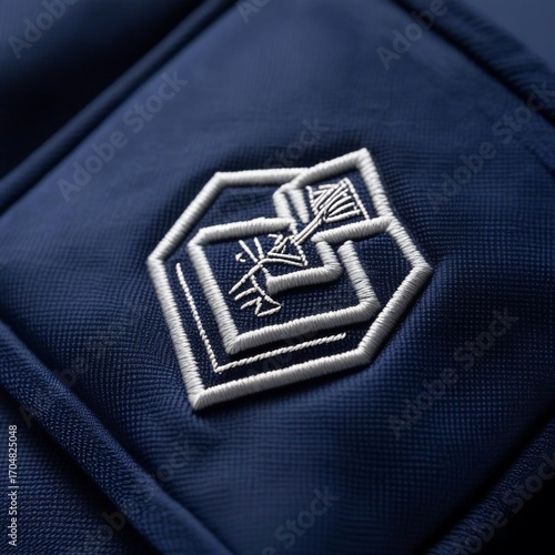 Intricate White Embroidered Emblem on Textured Deep Blue Fabric a Close Up