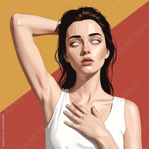 Vector art portrait of a mysterious woman with sightless white eyes and dark hair.