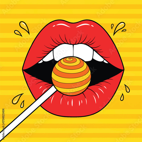 Vibrant red lips with white teeth holding a round striped lollipop in a pop art style.