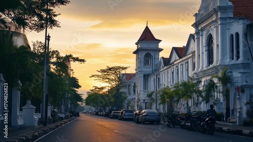Golden sunset bathes historic streets of Semarang, Indonesia with warm light, showcasing