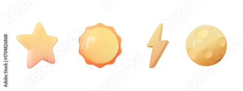 3d emoji sun, star, lightning and moon icon illustration design