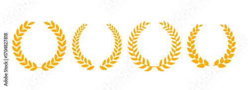 Gold laurel wreath collection. Golden circle winner trophy decor elements for award banner, emblem, logo, badge. Retro Greek triumph ornament pack. Vector vintage round branches with olive leaves set