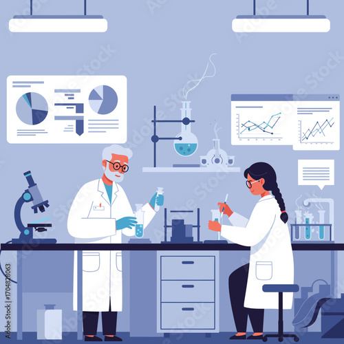 Team of scientific professionals working on biochemical analysis and pharmaceutical innovation in a modern research facility