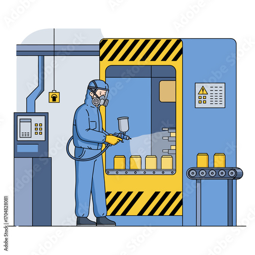 Industrial manufacturing process showing a worker in a protective suit spray painting items on an automated conveyor belt