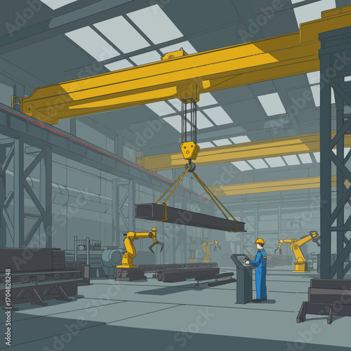 Skilled operator maneuvering an overhead gantry crane to transport a steel beam in a futuristic automated manufacturing plant