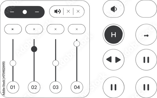 Minimalist audio mixer interface, music control panel, volume sliders, playback buttons, UI/UX soundboard elements, modern sound mixer vector illustration, flat 