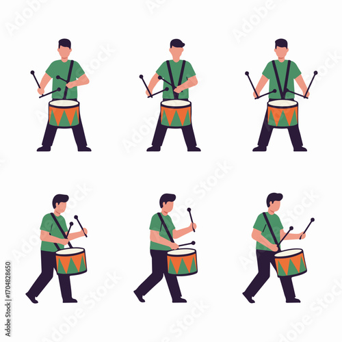Man playing drum set illustration in different poses, standing and walking, a musician with percussion instrument, rhythmic performance, in cartoon flat style.