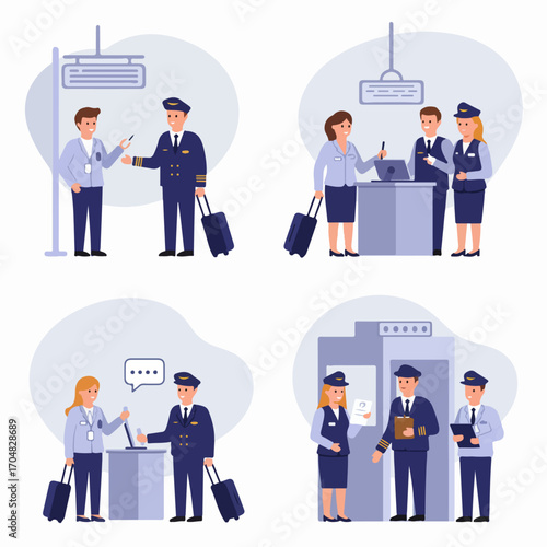 Professional airline and airport staff illustrations: pilots, flight attendants, and ground crew collaborating on check-in, security, and operational procedures for travel.