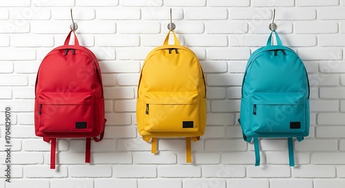 Three vibrant red, yellow, and turquoise backpacks hanging neatly on hooks against a textured white brick wall, school or travel concept.
