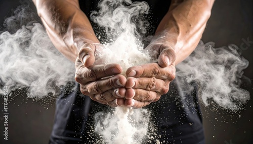 Athlete with Muscular Arms Holding Powder Exploding in Studio with Dramatic Lighting and Dark Background