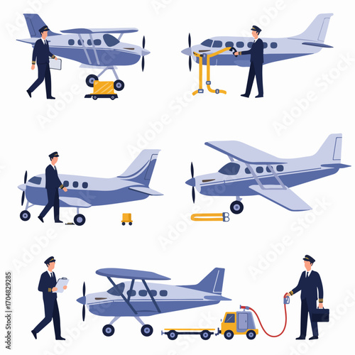Illustrations of pilots conducting pre-flight inspections, refueling, and ground operations for small propeller airplanes, showcasing aviation tasks.