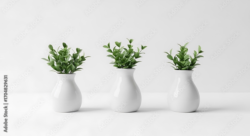 Fototapeta premium Three green plants in minimalist white ceramic vases on a clean white background, home decor and growth concept