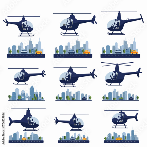 Set of vector illustrations featuring dark blue helicopters with pilots flying over modern cityscapes, depicting urban transportation and aerial views.